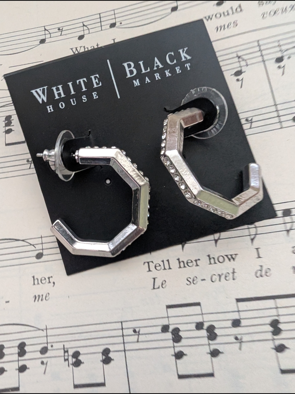White House Black Market Silver Geometric Hoop Earrings with Crystals